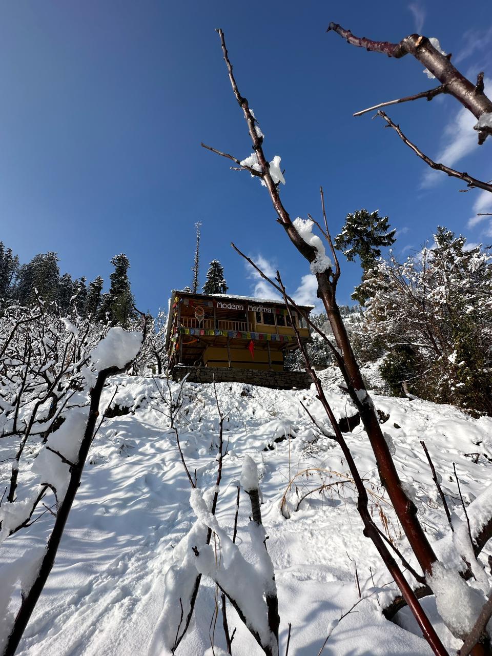 Modern Mantra under blue sky in snow